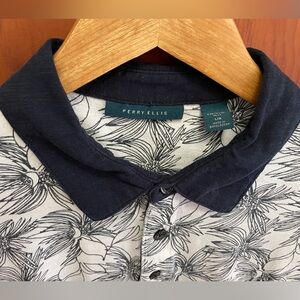 Perry Ellis Large White polo shirt w black palm trees golf tennis outdoor resort